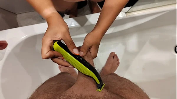 The new job of my sexy wife. Helps to shave penis and give handjob