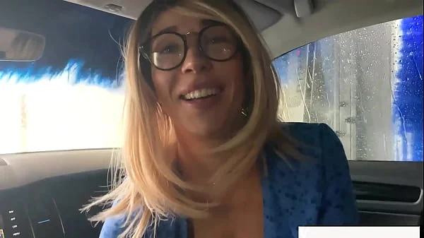 step mom sucks and JERKING OFF at the car wash in public. Cumshot